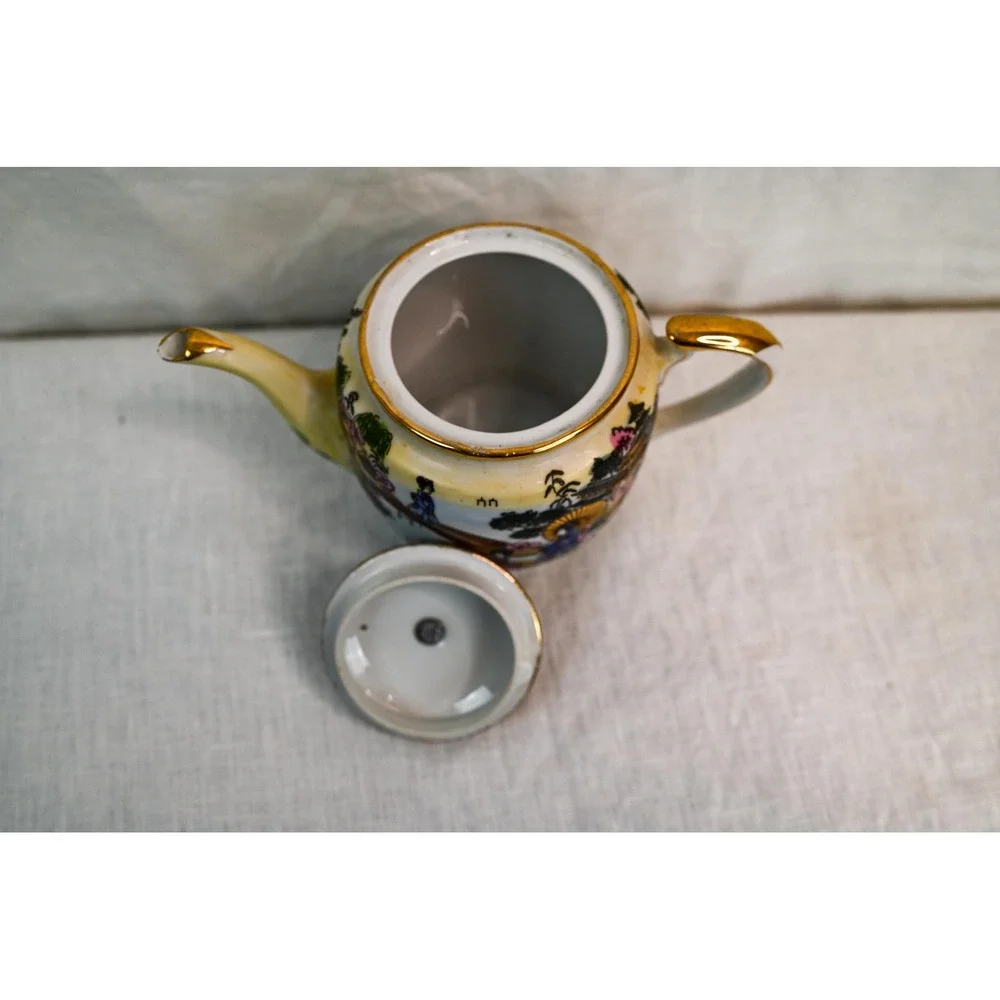 Vintage Japanese Tea Pot Hand Painted Landscape Mount Fuji Gold Trim Yellow Blue